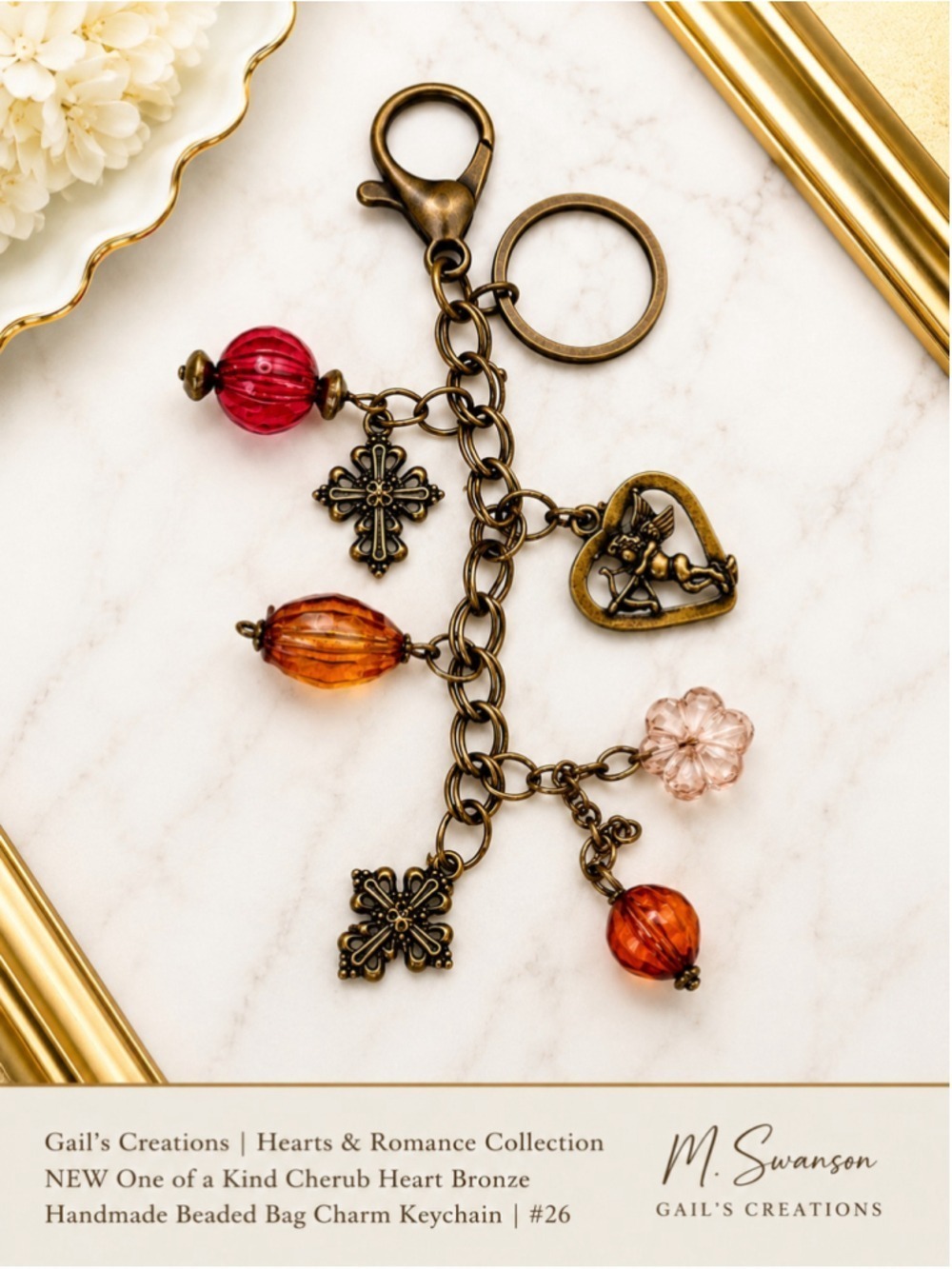 NEW One of a Kind Cherub Heart Bronze Handmade Beaded Bag Charm KeKeychain (#26)